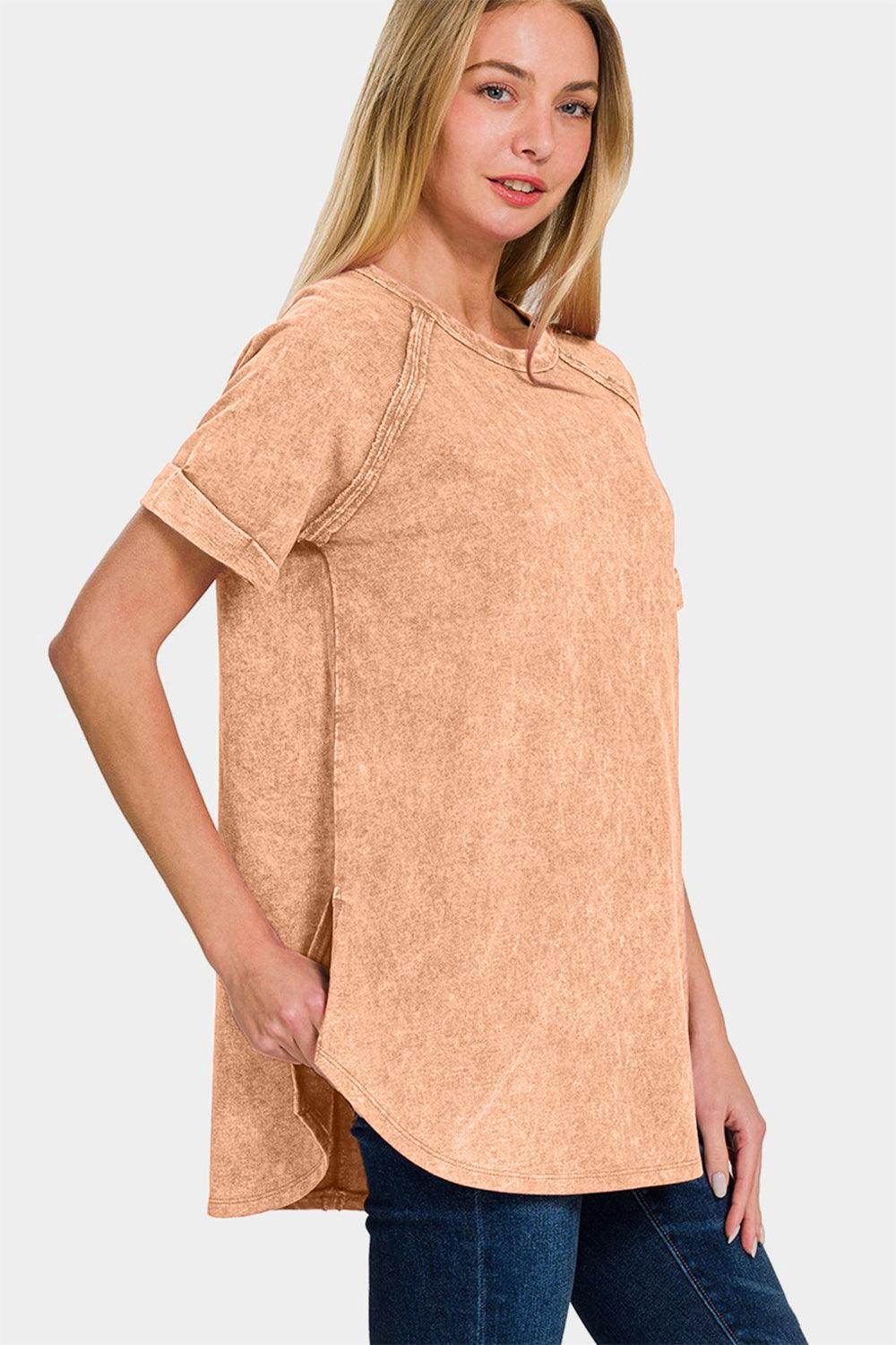 Zenana Heathered Round Neck Short Sleeve Top for Women