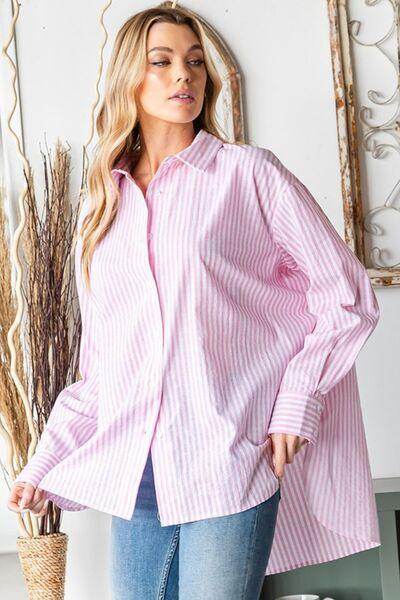 First Love Full Size Striped Button Down High-Low Shirt