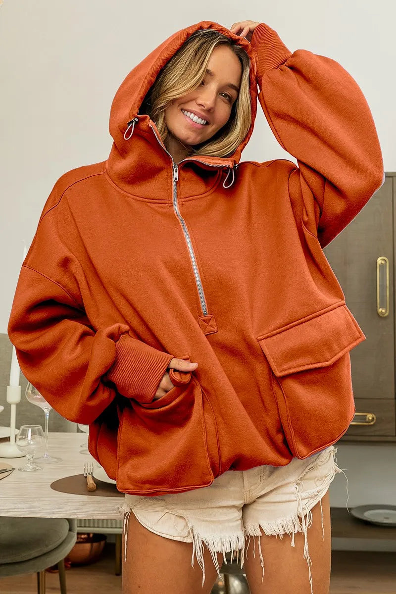 BiBi Half Zip Vintage Washed Fleece Hoodie