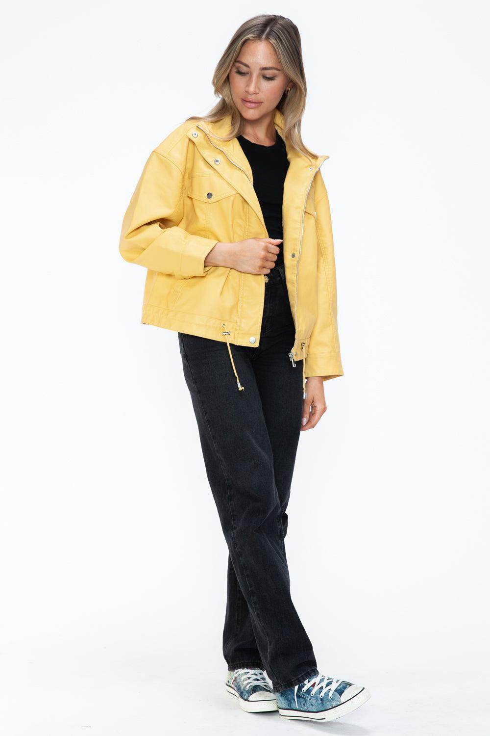 How Dare U Drawstring Hem PU Leather Zip Up Jacket for Women