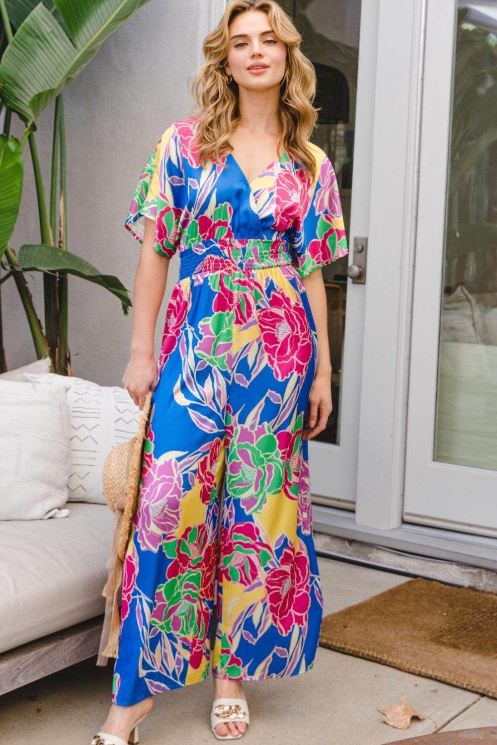 ODDI Full Size Floral Smocked Tied Back Jumpsuit for Women