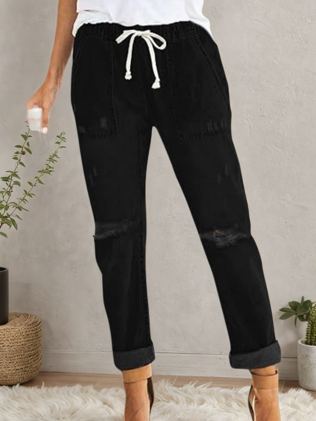 Women’s Distressed Stretch Jeans – Casual Elastic Waist Denim Joggers