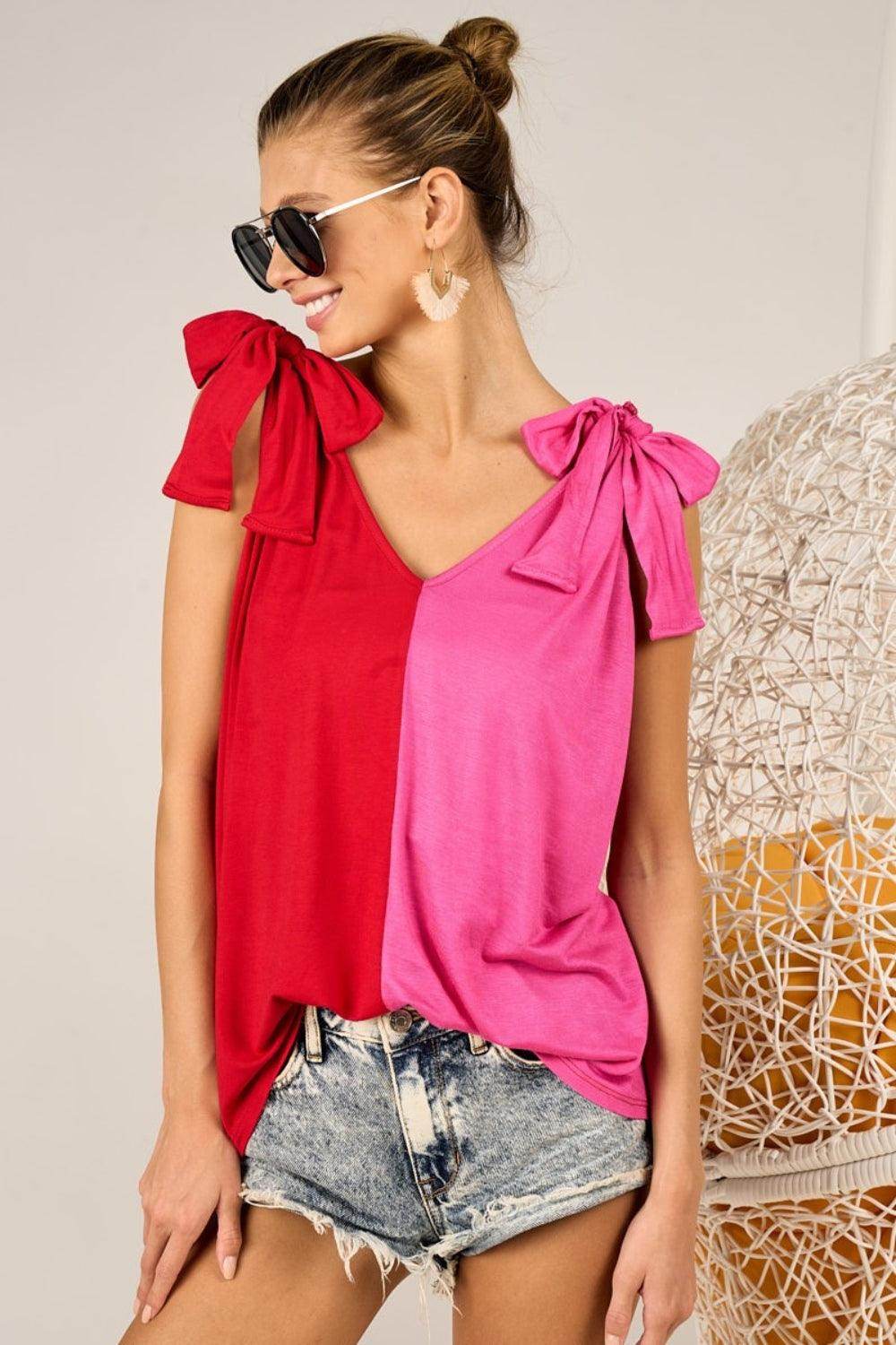 BiBi Shoulder Ribbon Tied Contrast Tank for Stylish Look