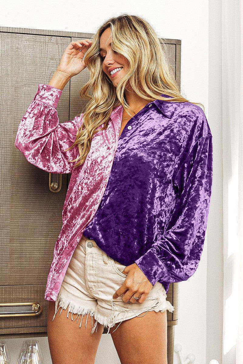 BiBi Contrast Button Up Long Sleeve Shirt for Women