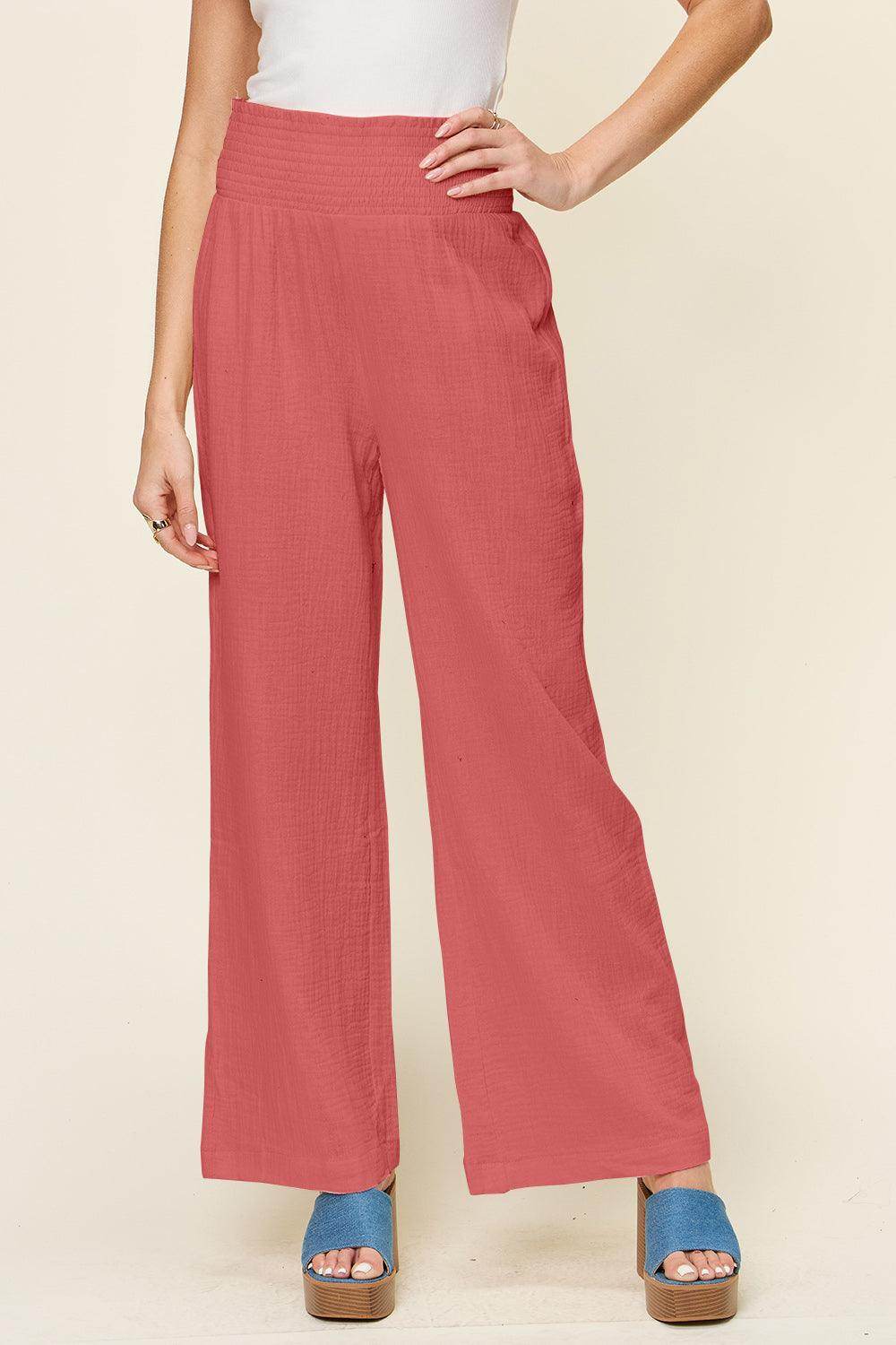 Double Take Full Size Texture Smocked Waist Wide Leg Pants For Women