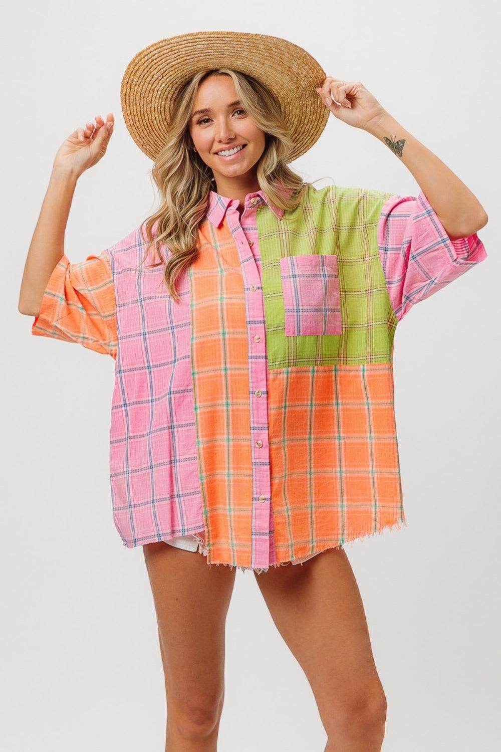 BiBi Plaid Collared Neck Half Sleeve Shirt for Women