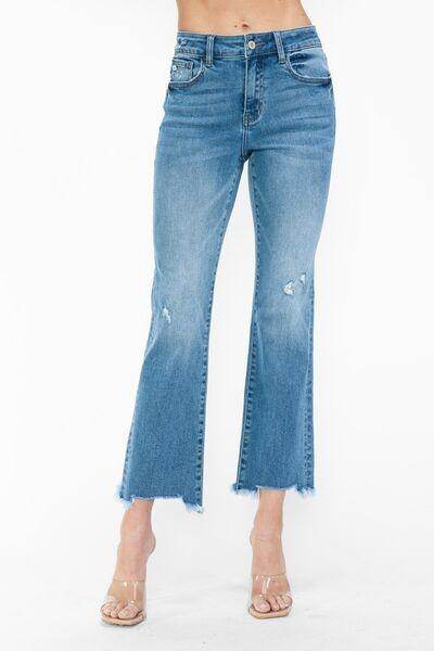 bytos Raw Hem Distressed Mid Rise Crop Jeans for Women