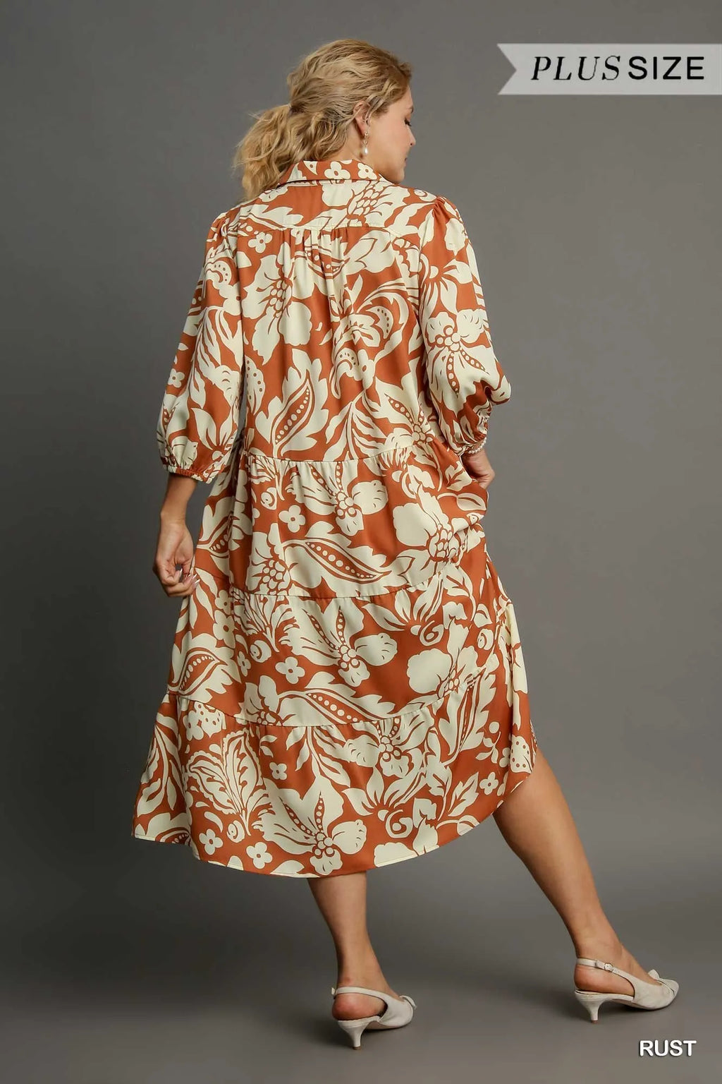 Full Size Floral Tiered Midi Shirt Dress Plus Size