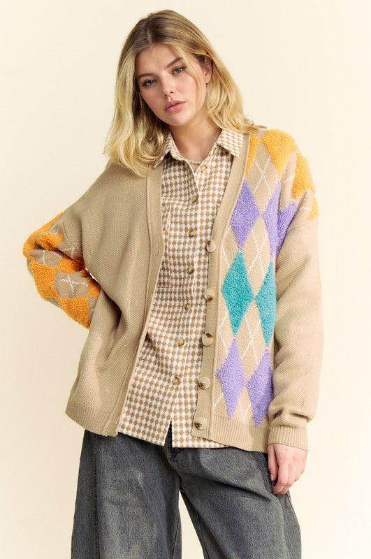 Davi & Dani Argyle V-Neck Dropped Shoulder Cardigan Style