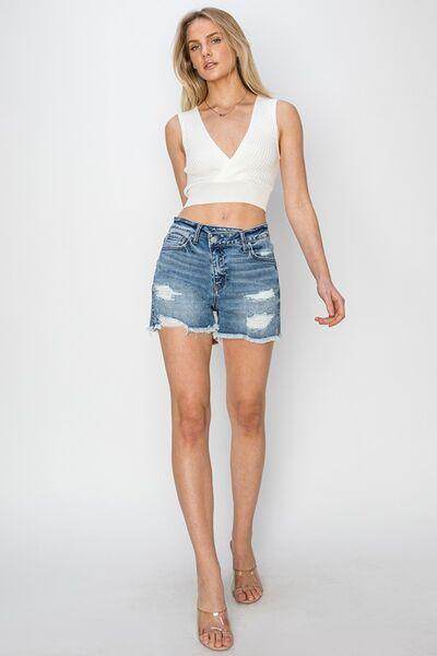 RISEN Stepped Waist Frayed Denim Shorts for Women