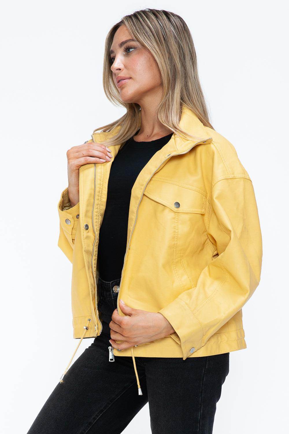 How Dare U Drawstring Hem PU Leather Zip Up Jacket for Women