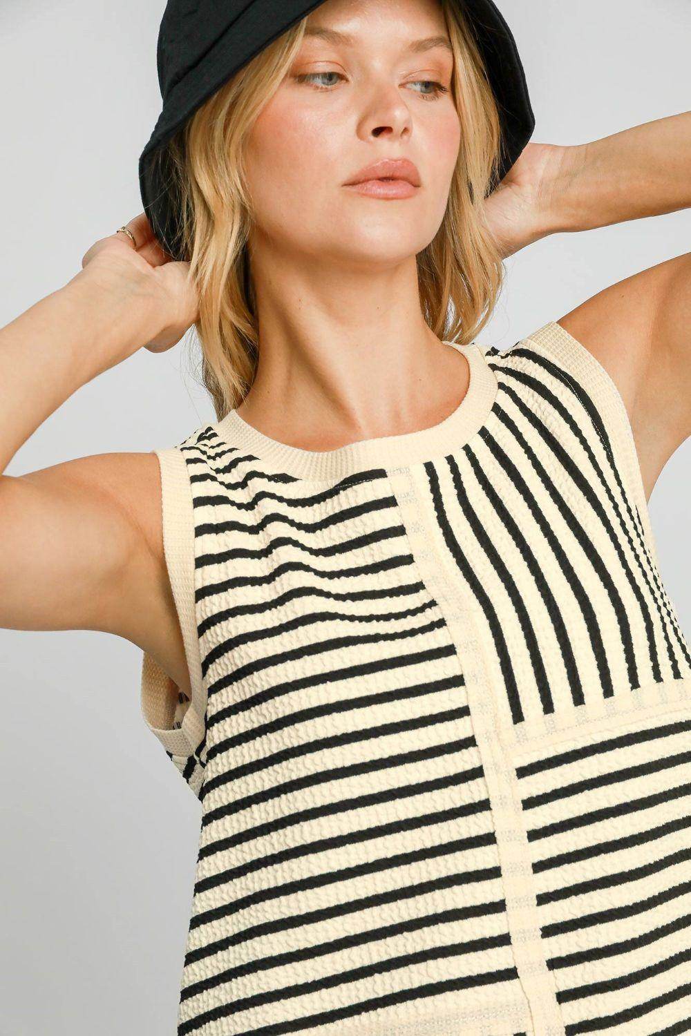 Umgee Round Neck Texture Striped Tank for Casual Style
