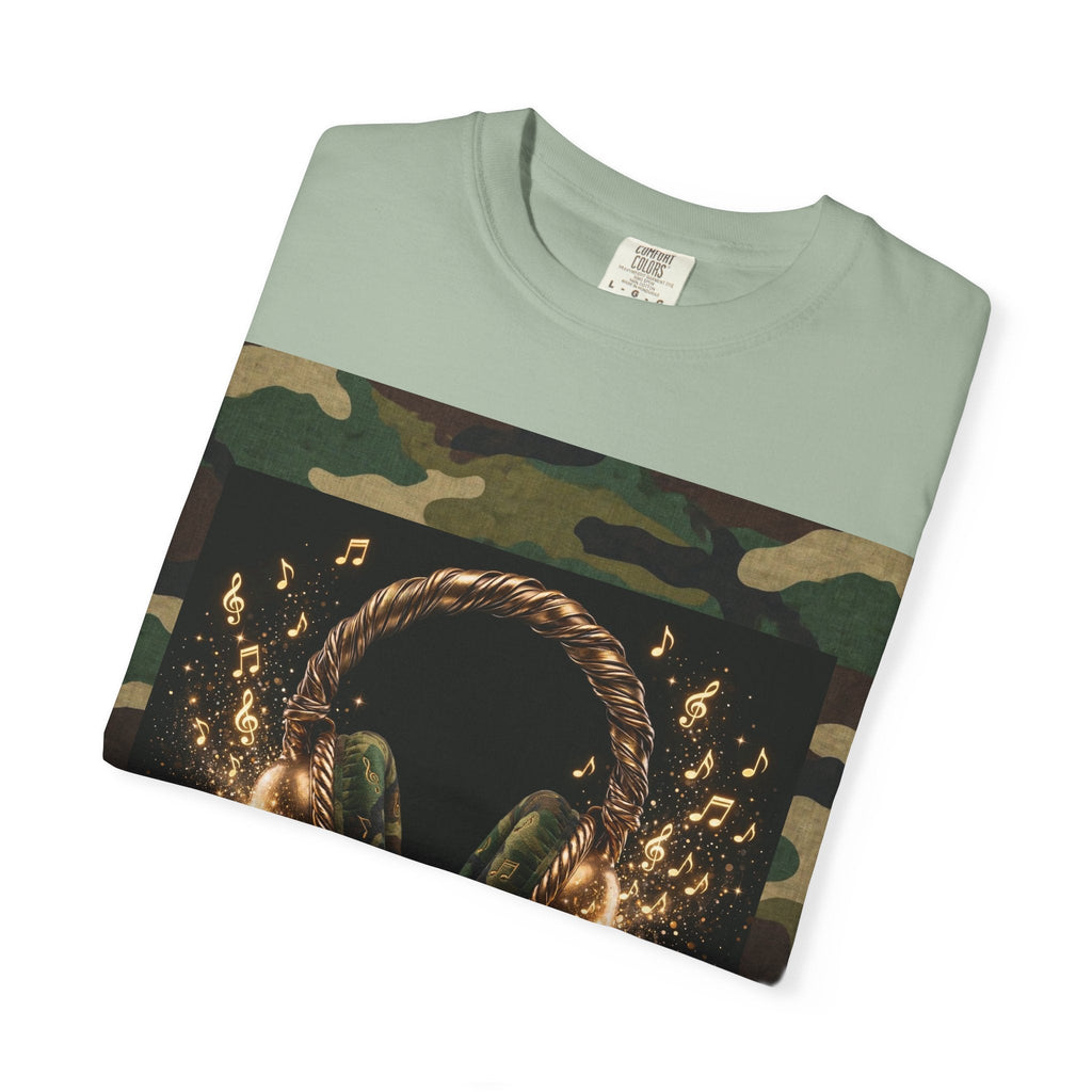 Camo Headphones Tee — Gold Spark DJ Music Graphic T-Shirt