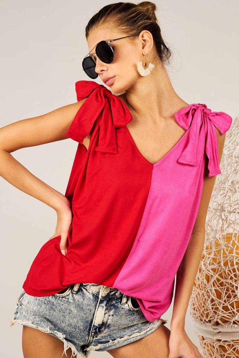 BiBi Shoulder Ribbon Tied Contrast Tank for Stylish Look