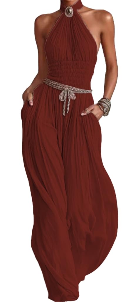 Wuitrie Women's Boho Halter Jumpsuit Pink Shirred Waist Wide Leg Pant Romper Vacation Party Outfits
