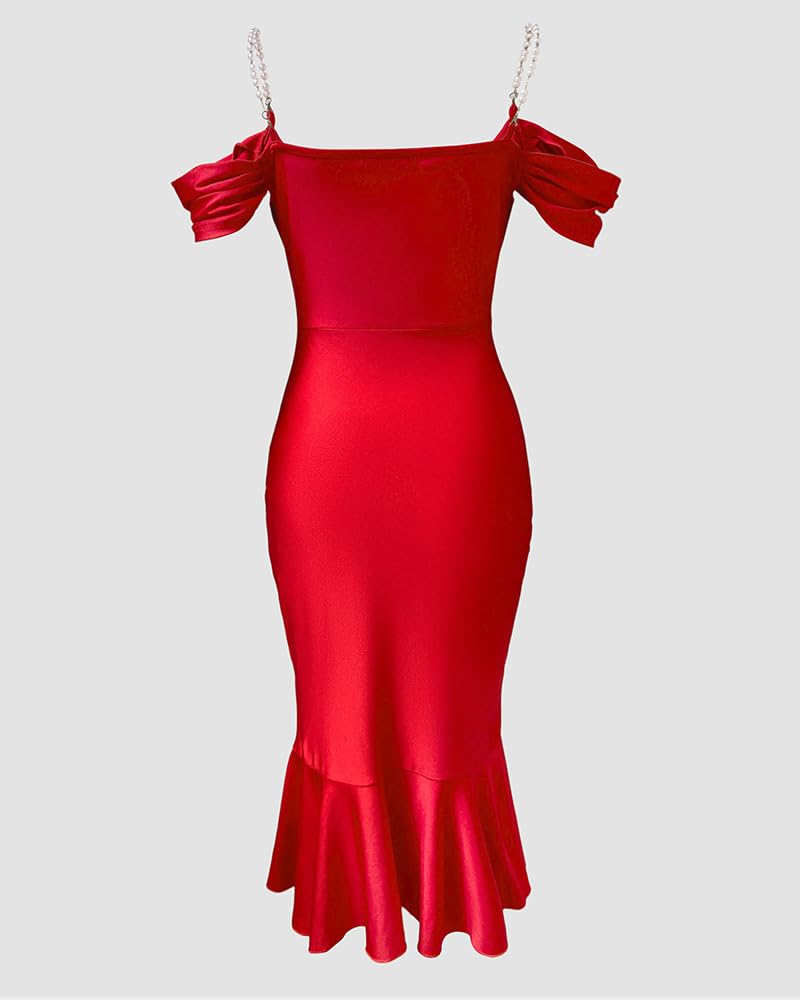 CHICME Womens Cocktail Dresses Pearls Strap Bodycon Midi Dress | Off Shoulder Design, Ruffle Hem Style, Soft Stretch Fabric, Birthday Party Wear, Wedding Guest Outfit, Date Night Look