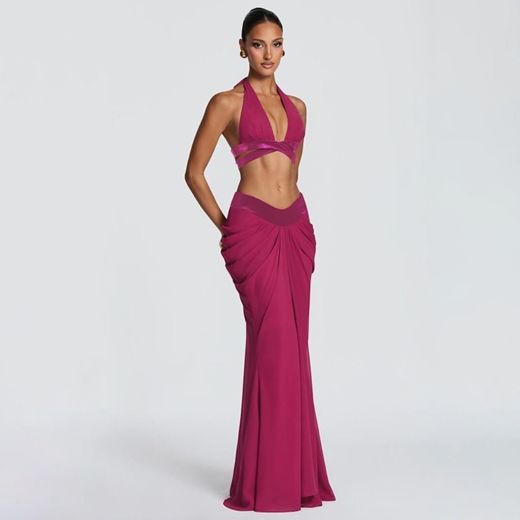 VOIKERDR Party Outfits for Women Halter Deep V Cross Wrap Crop Top Front Ruched Maxi Skirt Sets Women 2 Piece Outfits