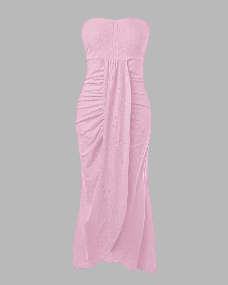 CHICME Women's Strapless Bodycon Maxi Dress Asymmetrical Hem | Ruched Wrap Detail, Eyelet Embroidery, Soft Stretch Fabric, Tube Top Neckline, Beach Vacation Wear, Wedding Guest Outfit