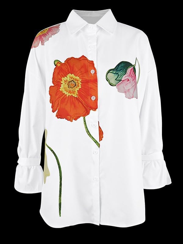 UOOZEE Women's Loose Fit Button Down Shirts Floral Long Tied Sleeve V Neck Dressy Casual High Low Blouses