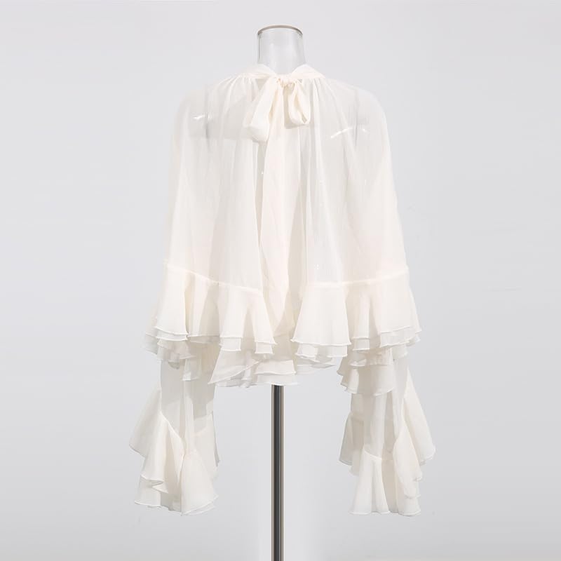 Women's White Sheer Chiffon Crop Top High Neck Layered Ruffle Flare Sleeve Blouse Elegant Casual Party Tops