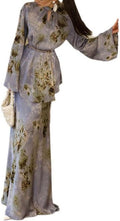 THLAI Womens Elegant Two Piece Abstract Print Long Sleeve Blouse & Maxi Skirt Set Party Outfit