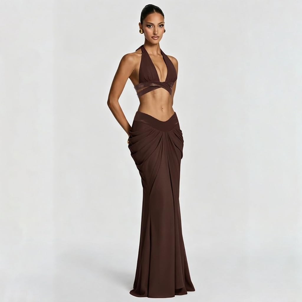 VOIKERDR Party Outfits for Women Halter Deep V Cross Wrap Crop Top Front Ruched Maxi Skirt Sets Women 2 Piece Outfits