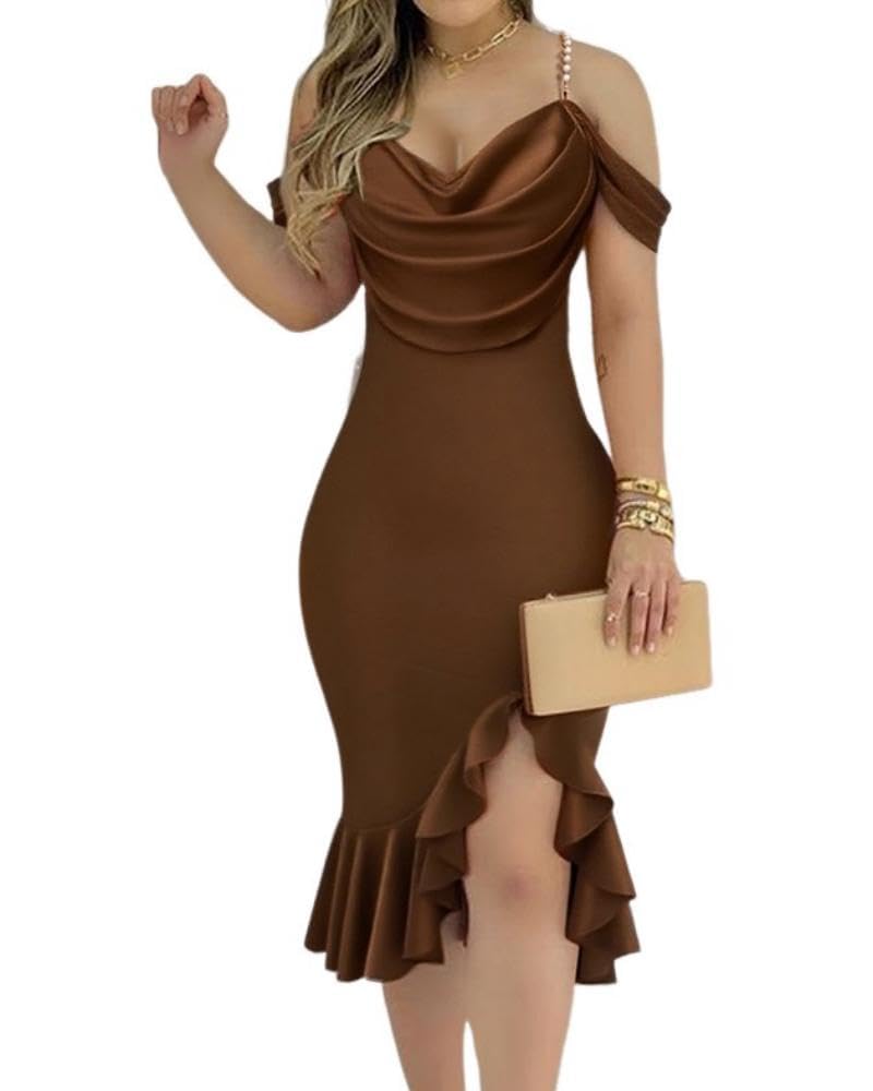 CHICME Womens Cocktail Dresses Pearls Strap Bodycon Midi Dress | Off Shoulder Design, Ruffle Hem Style, Soft Stretch Fabric, Birthday Party Wear, Wedding Guest Outfit, Date Night Look