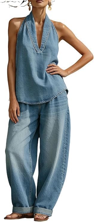 Women's Summer 2 Piece Denim Set 2026 Halter Neck Top and High Waisted Wide Leg Jeans Women Loose Casual Outfits Lounge Sets