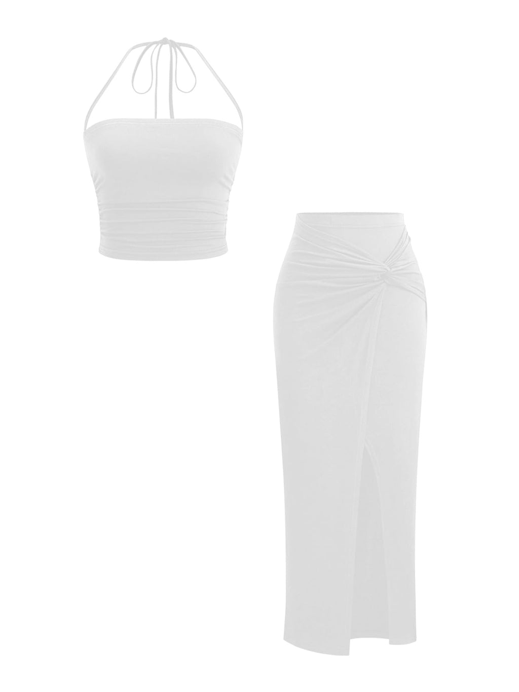 Verdusa Women's 2 Piece Set Summer Vacation Outfits Going Out Matching Set | Ruched Crop Halter Top, Asymmetrical Slit Long Skirt, Two Piece Skirt Set for Women, Summer Sets