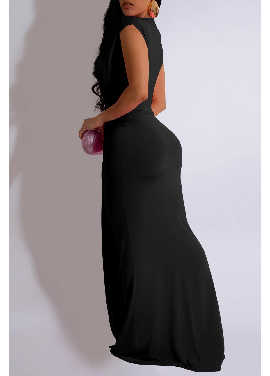 Yuopeid Women's Sexy Sleeveless Deep V Neck Fashion Ruched Bodycon Floor Length Formal Evening Party Maxi Long Dress