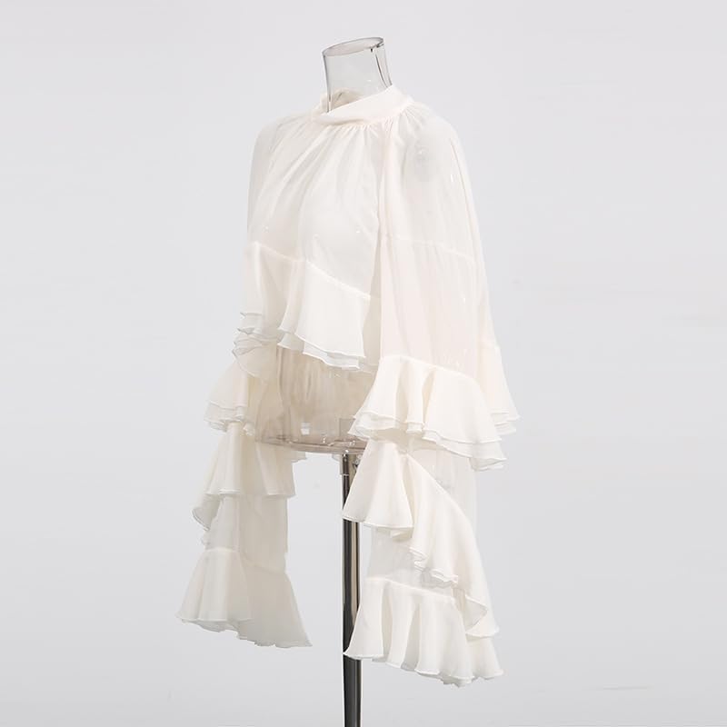 Women's White Sheer Chiffon Crop Top High Neck Layered Ruffle Flare Sleeve Blouse Elegant Casual Party Tops