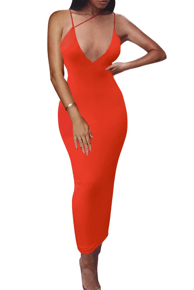 PRIMODA Women's Sexy Neon Asymmetrical Spaghetti Strap Dress Deep V-Neck Sleeveless Bodycon Midi Club Dress