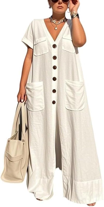 oshoplive Jumpsuits For Women Wide Leg Rompers V Neck Sleeveless One Piece Romper Casual Cotton Jumpers With Pockects