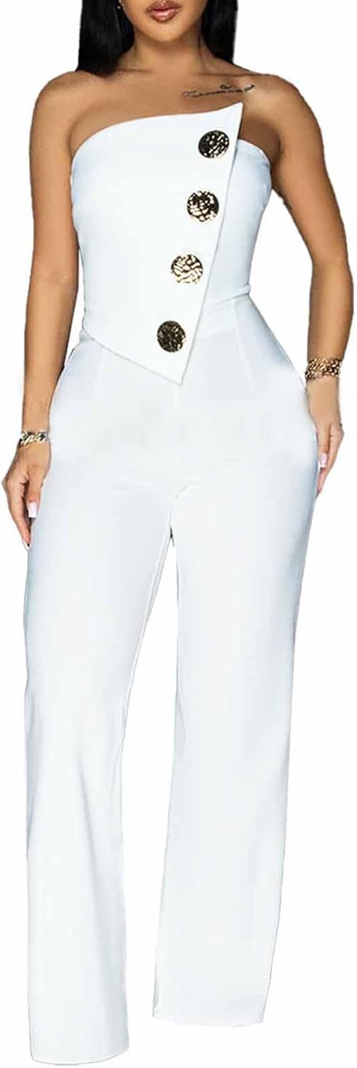 Yuopeid Women's Sexy Strapless Off Shoulder Bodycon Tube Top Overalls Jumpsuit Wide Leg Pants Formal Party Rompers