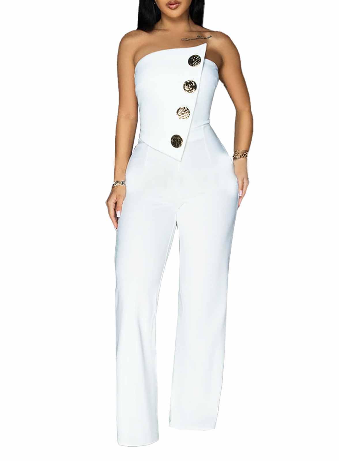 Yuopeid Women's Sexy Strapless Off Shoulder Bodycon Tube Top Overalls Jumpsuit Wide Leg Pants Formal Party Rompers