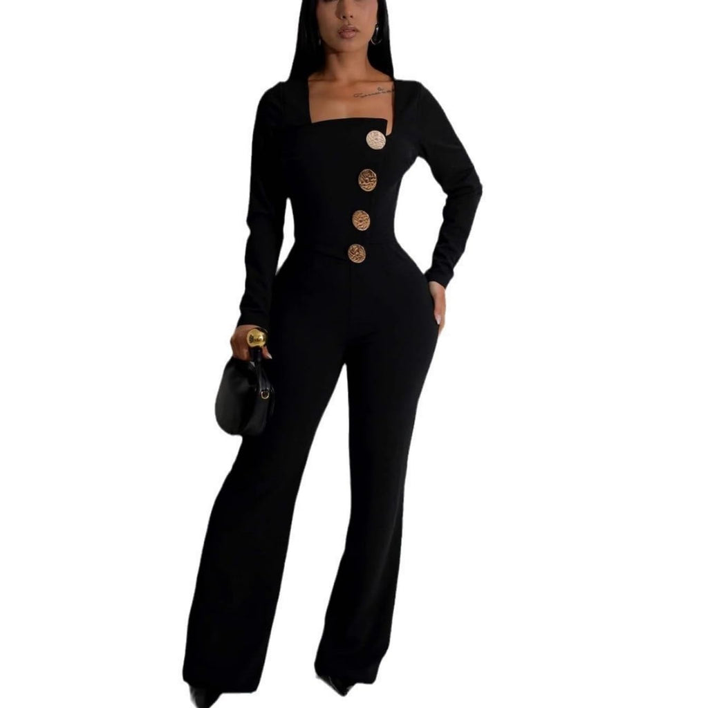 Women's fashionablesexyeleganthigh waistedwide leg pantsclub business party button jumpsuit