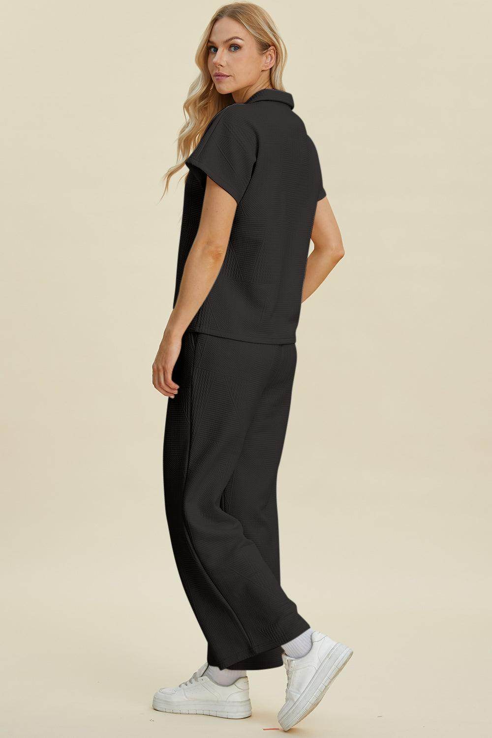 Double Take Full Size Collared Neck Short Sleeve Top Set