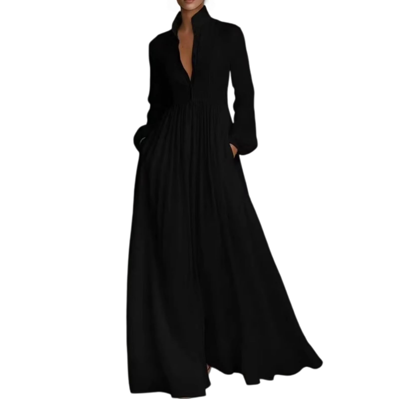Women Maxi Dress Stand Collar Button Front Pocket Beach Vacation Casual | Flowy maxi dress stand collar, button front, functional pockets, long lantern sleeves, A-line skirt, beach vacation daily