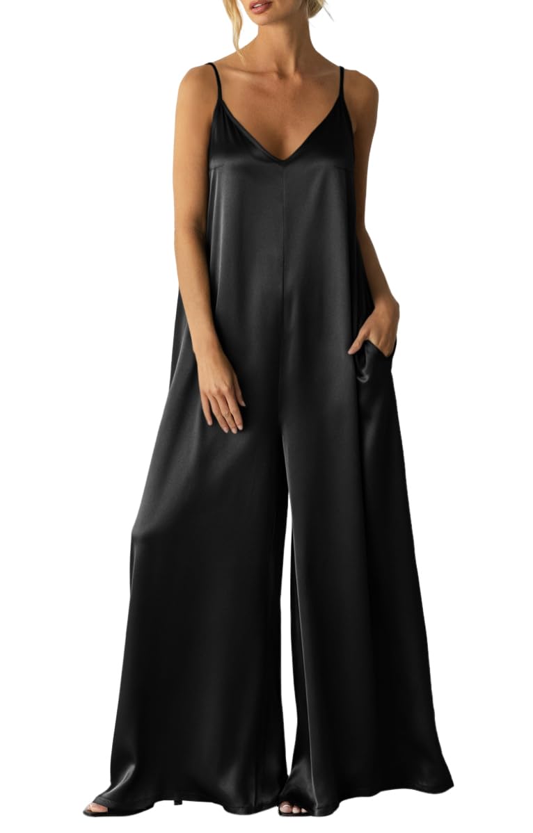 Womens Satin Wide Leg Jumpsuits Dressy Flowy Date Night Rompers Outfits | Silky Fabric,Casual Relaxed Fit,Formal,Wedding Guest,cocktail,Sexy V Neck,Spaghetti Strap,Summer,One Piece Outfit