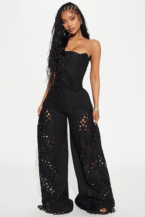 Mandonce 2 Piece Sets for Women Off Shoulder Lace Tube Top and Lace Flowy Wide Leg Pants Beach Vacation Sexy Outfit Going Out