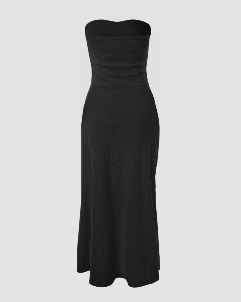 CHICME Women's Strapless Bodycon Maxi Dress Asymmetrical Hem | Ruched Wrap Detail, Eyelet Embroidery, Soft Stretch Fabric, Tube Top Neckline, Beach Vacation Wear, Wedding Guest Outfit