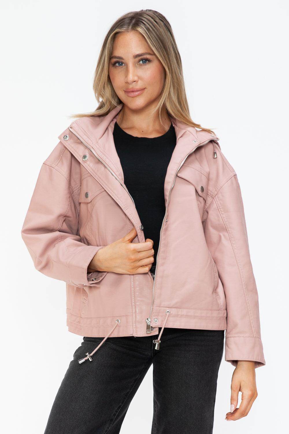 How Dare U Drawstring Hem PU Leather Zip Up Jacket for Women