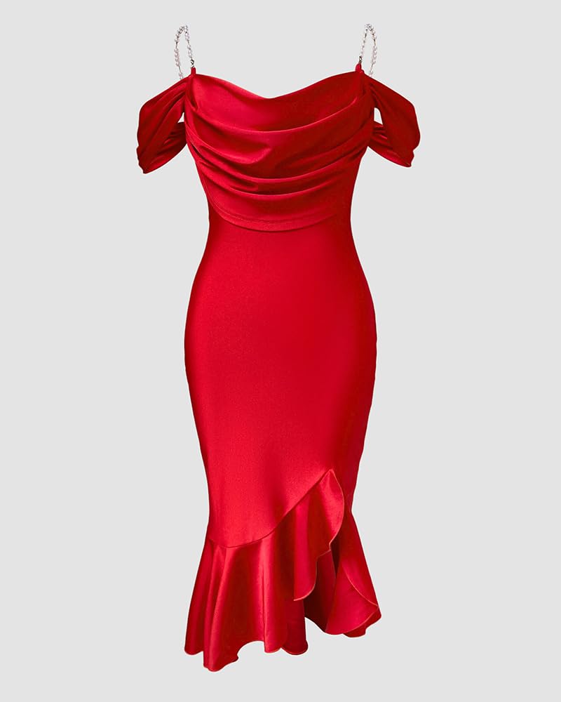 CHICME Womens Cocktail Dresses Pearls Strap Bodycon Midi Dress | Off Shoulder Design, Ruffle Hem Style, Soft Stretch Fabric, Birthday Party Wear, Wedding Guest Outfit, Date Night Look