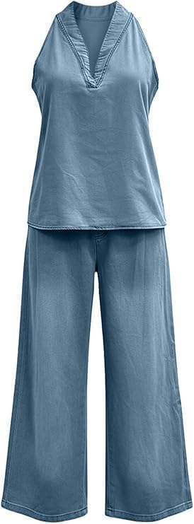 Women's Summer 2 Piece Denim Set 2026 Halter Neck Top and High Waisted Wide Leg Jeans Women Loose Casual Outfits Lounge Sets