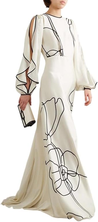 oshoplive Women's Maxi Dress Elegant Satin Floral Print Puffy Sleeve Ruffle Shoulder Cutout for Casual Evening