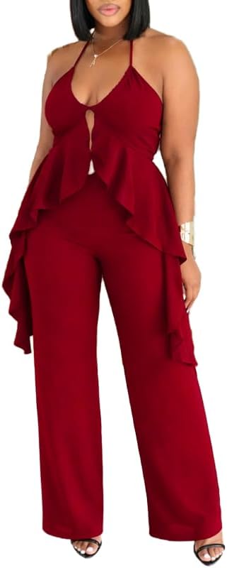 Women's Casual 2 Piece Set Sexy Sleeveless Backless Halter Neck Cutout Ruffled Tops Wide Legs Pants Outfits