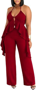 Women's Casual 2 Piece Set Sexy Sleeveless Backless Halter Neck Cutout Ruffled Tops Wide Legs Pants Outfits