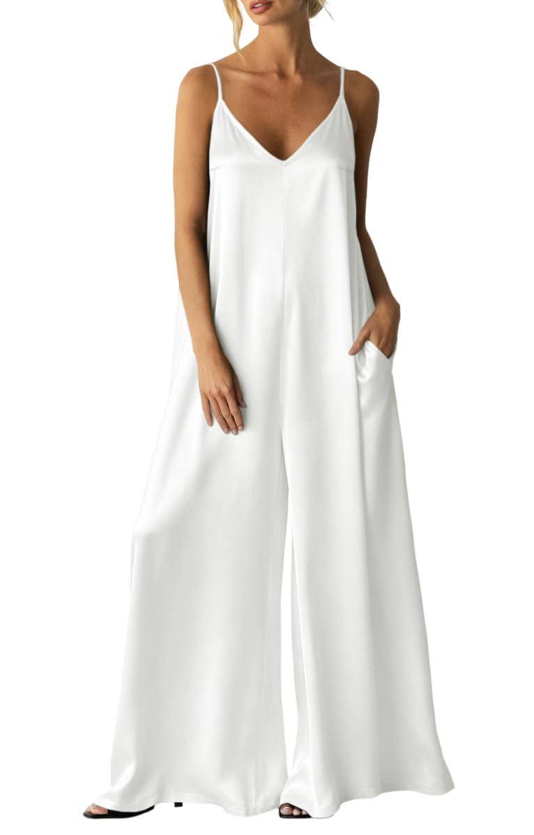 Womens Satin Wide Leg Jumpsuits Dressy Flowy Date Night Rompers Outfits | Silky Fabric,Casual Relaxed Fit,Formal,Wedding Guest,cocktail,Sexy V Neck,Spaghetti Strap,Summer,One Piece Outfit