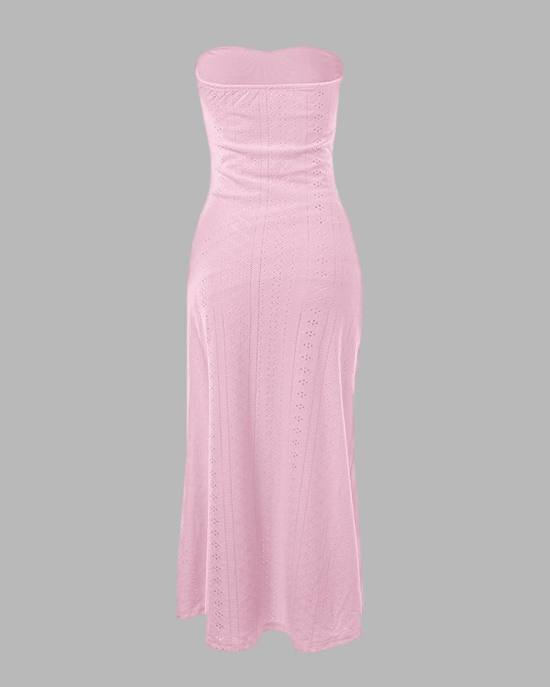 CHICME Women's Strapless Bodycon Maxi Dress Asymmetrical Hem | Ruched Wrap Detail, Eyelet Embroidery, Soft Stretch Fabric, Tube Top Neckline, Beach Vacation Wear, Wedding Guest Outfit