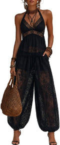 Women's Lace See Through 2 Piece Sets Sexy Summer Sleeveless Halter Backless Tops and Knickers Pants Set with Pockets